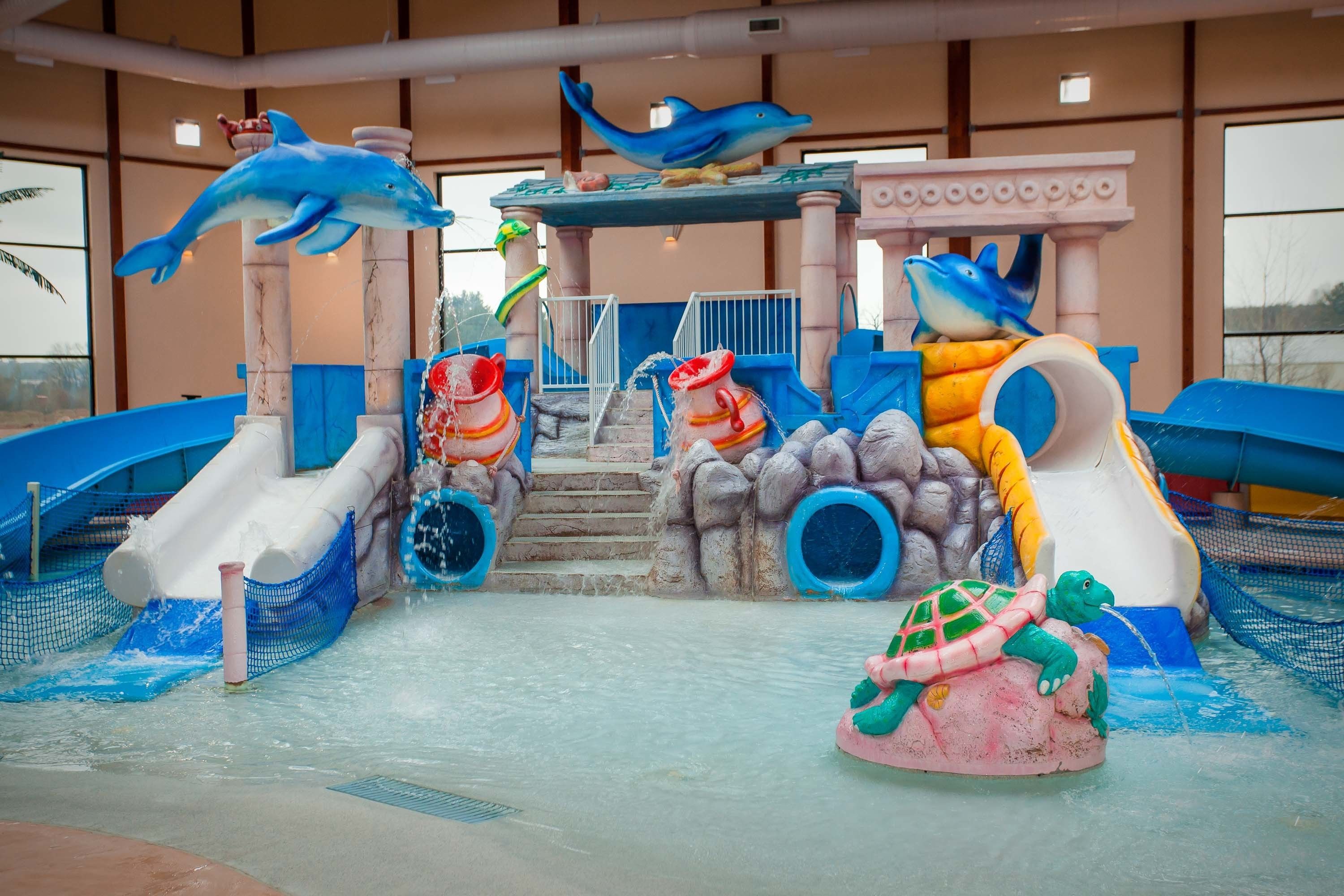 An indoor water play area with slides, a dolphin statue, and a turtle statue.