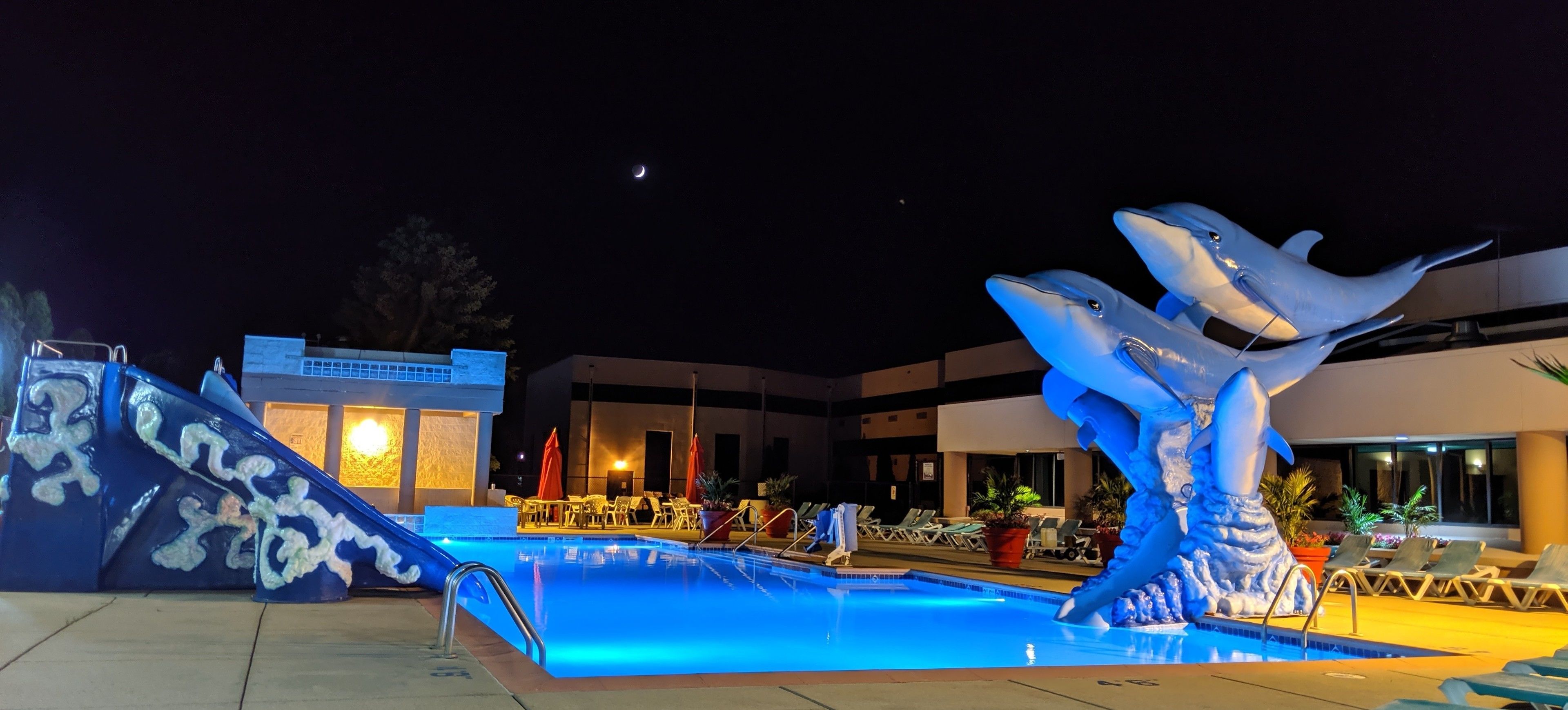 A swimming pool with a dolphin sculpture, lounge chairs, and a building in the background.