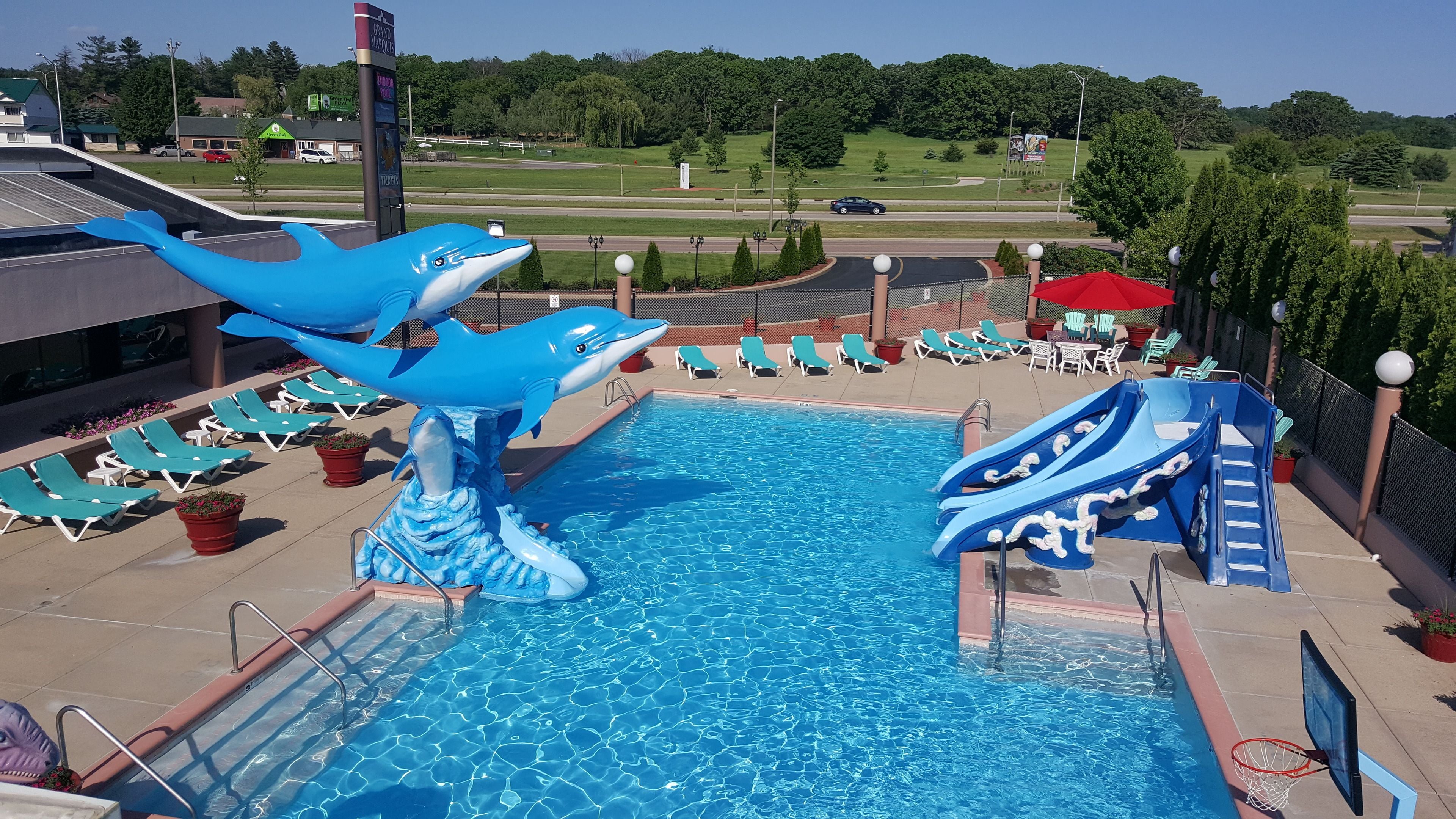 A swimming pool with dolphin sculptures, lounge chairs, and a basketball hoop.