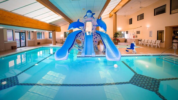 Une piscine intérieure dotée d’un toboggan en forme de dauphin et d’un espace détente avec des chaises.