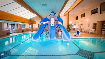 Indoor pool, seasonal outdoor pool, pool umbrellas, pool loungers