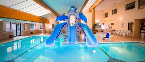 Indoor pool, seasonal outdoor pool, pool umbrellas, pool loungers