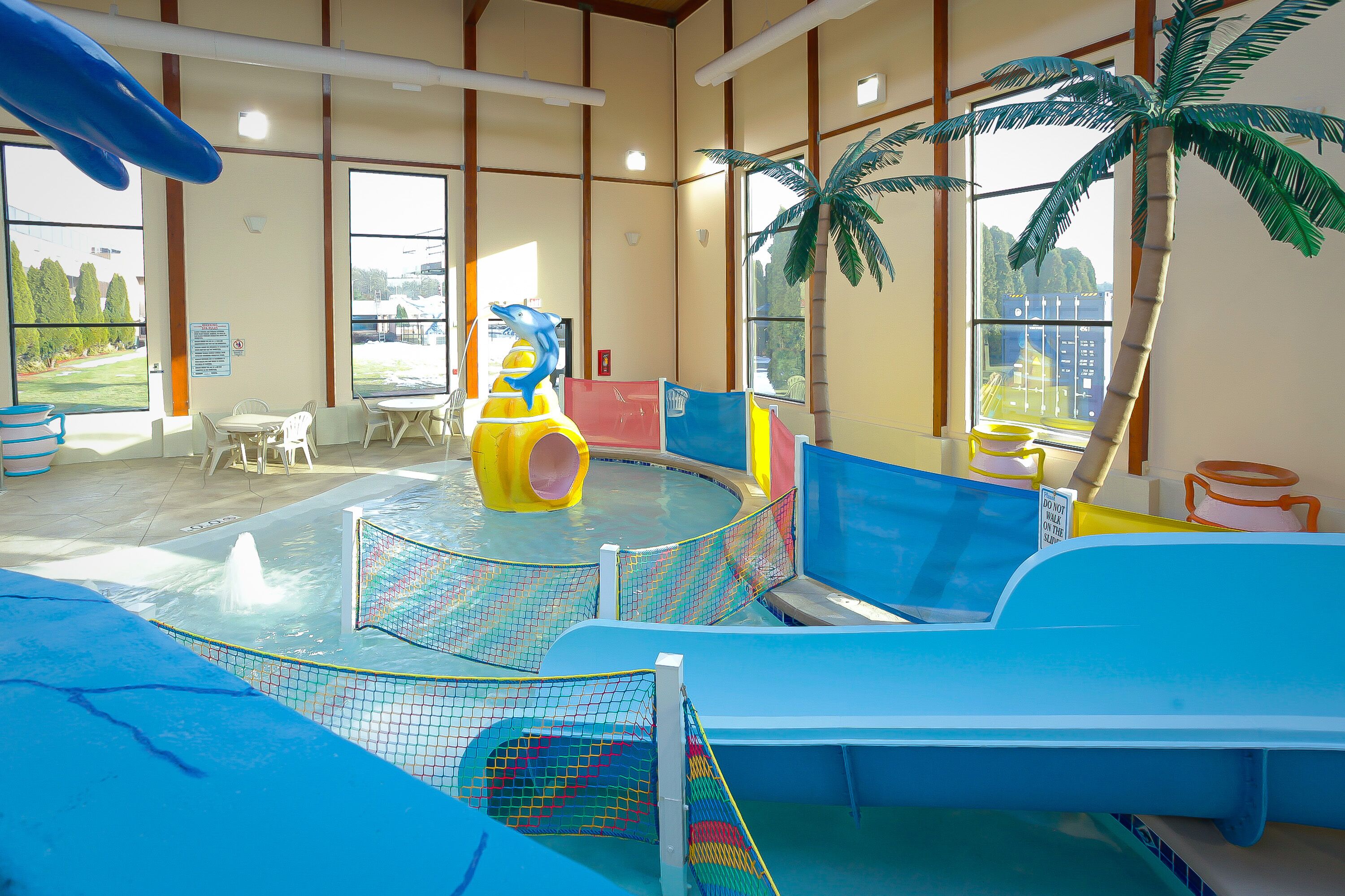 A water play area with slides, a pool, and a palm tree decoration.