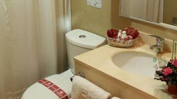 Combined shower/bathtub, free toiletries, hair dryer