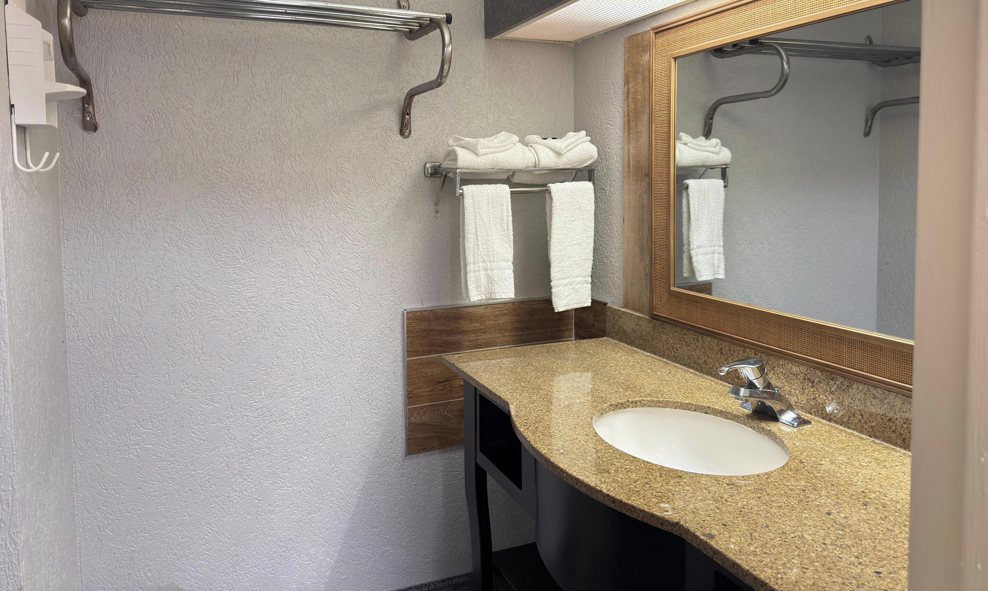 A bathroom with a granite countertop sink, a large mirror, and two towel racks.