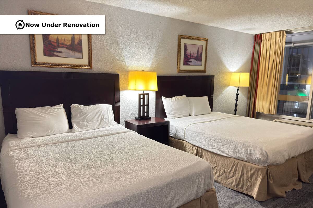 A hotel room with two beds, each with white linens and a headboard, a nightstand with a lamp, and framed artwork on the wall.