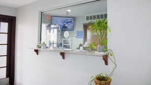 Un espace d’accueil comprenant un grand miroir, un téléviseur, une horloge et une plante en pot.