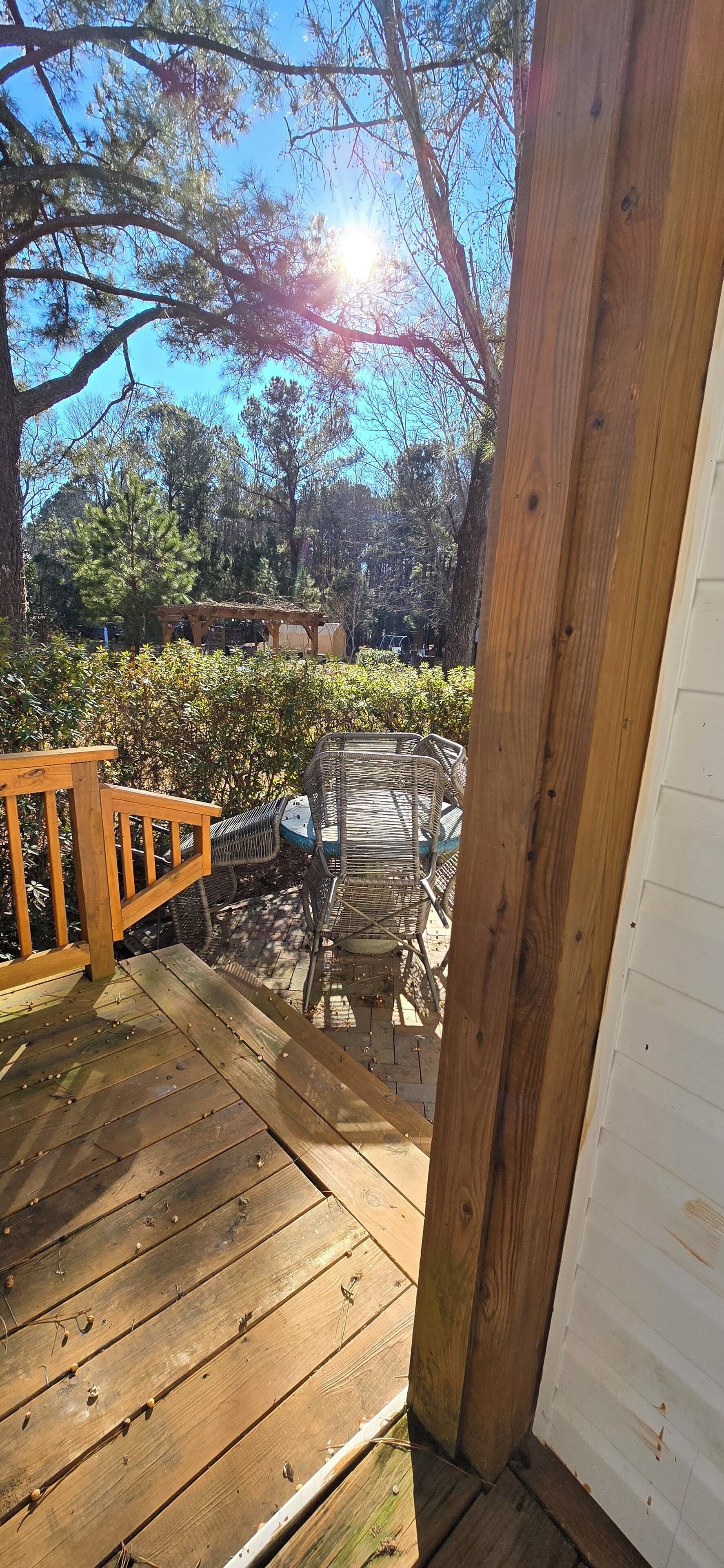 Eine Holzterrasse mit Blick auf einen Garten und eine Pergola.