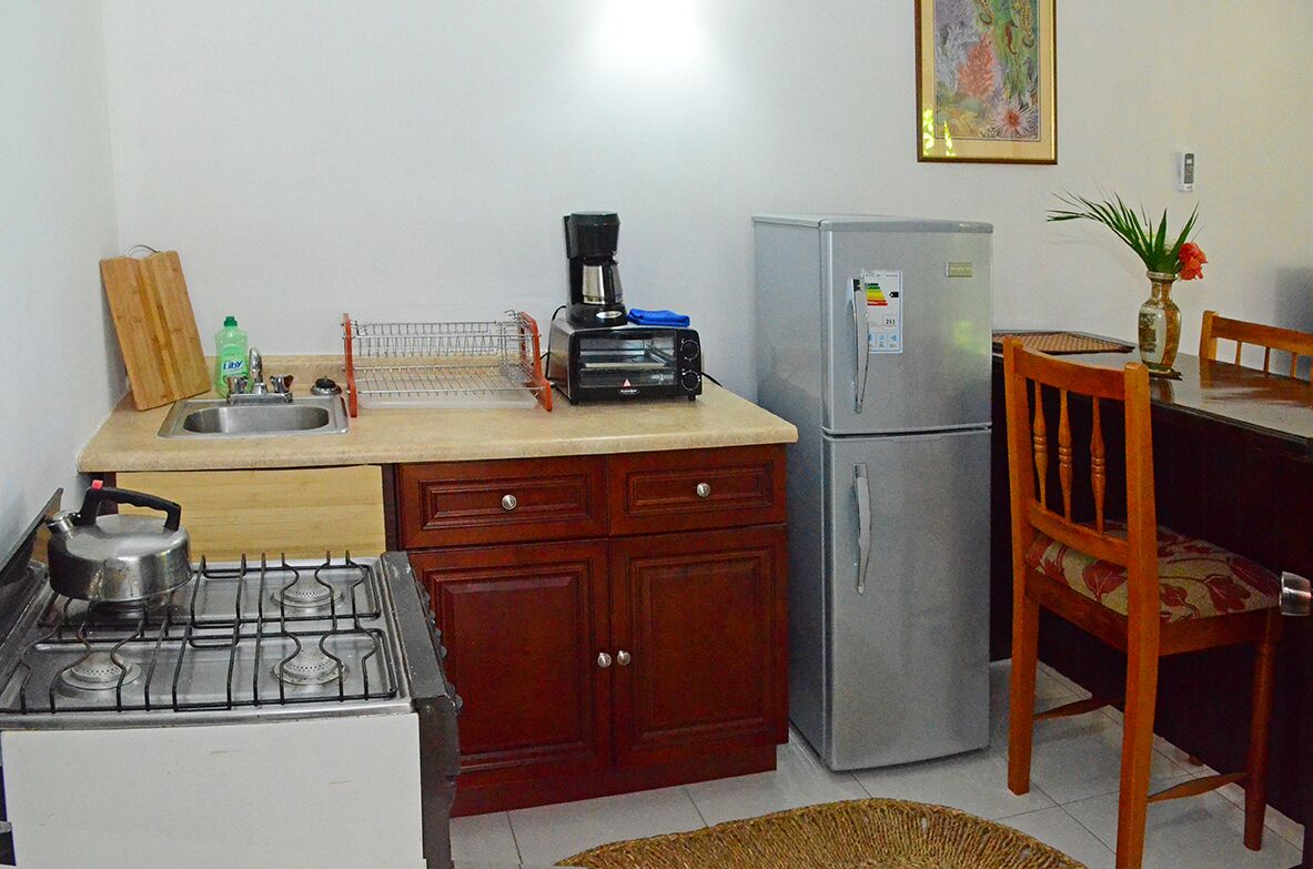 A compact kitchen with a gas stove, a coffee maker, a refrigerator, and a dining area with a chair and table.