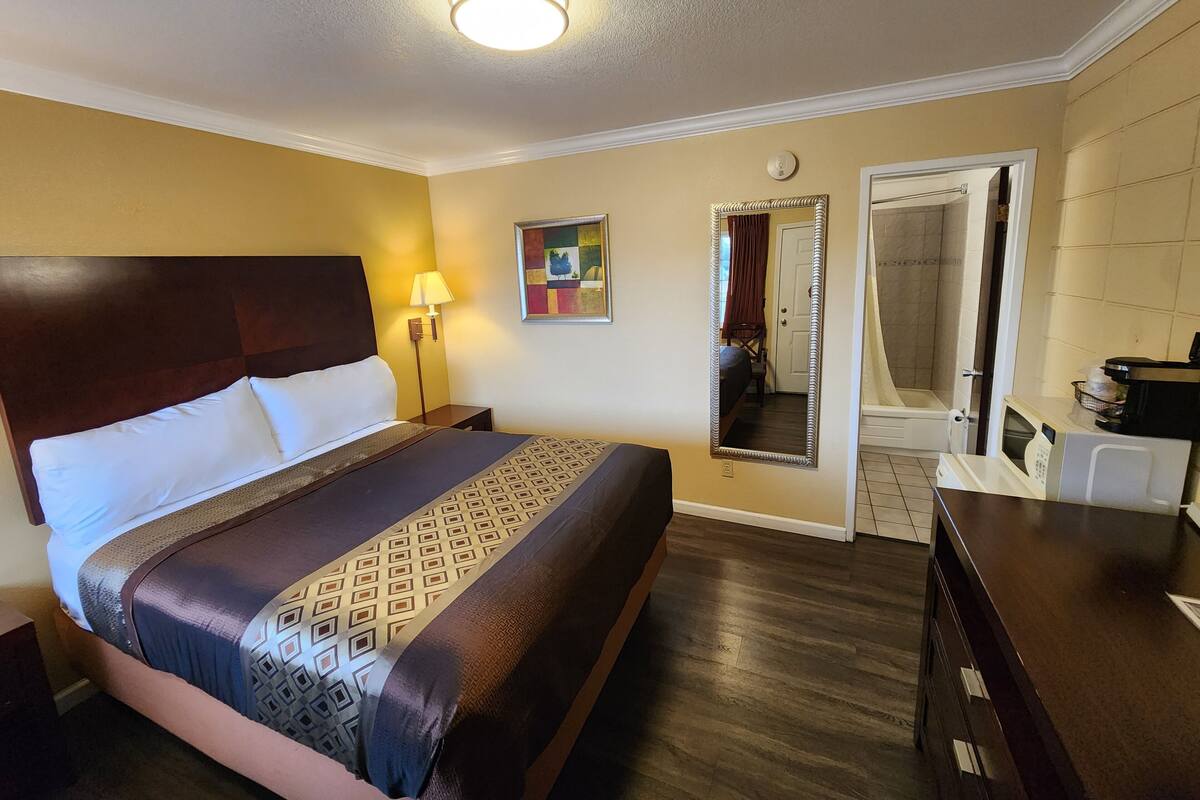 Une chambre d’hôtel avec un grand lit, une lampe de chevet, un miroir, une salle de bain avec douche et un four à micro-ondes posé sur le comptoir.