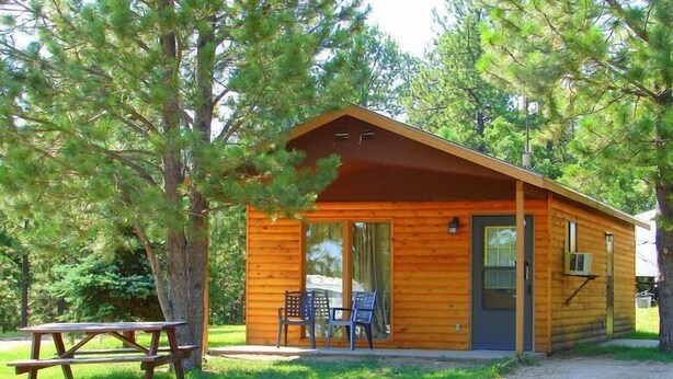 A small wooden cabin with a porch, a picnic table, and two chairs. - Rush No More RV Resort and Cabins - Campground (Sturgis)