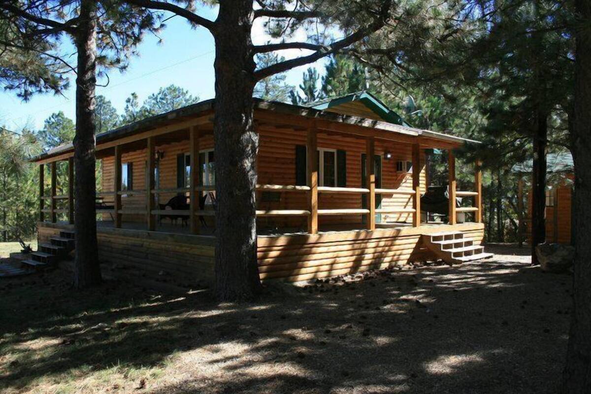 A wooden cabin with a porch, surrounded by trees.