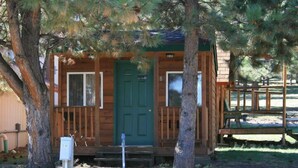 A small cabin with a green door, wooden exterior, and a porch. - Rush No More RV Resort and Cabins - Campground (Sturgis)
