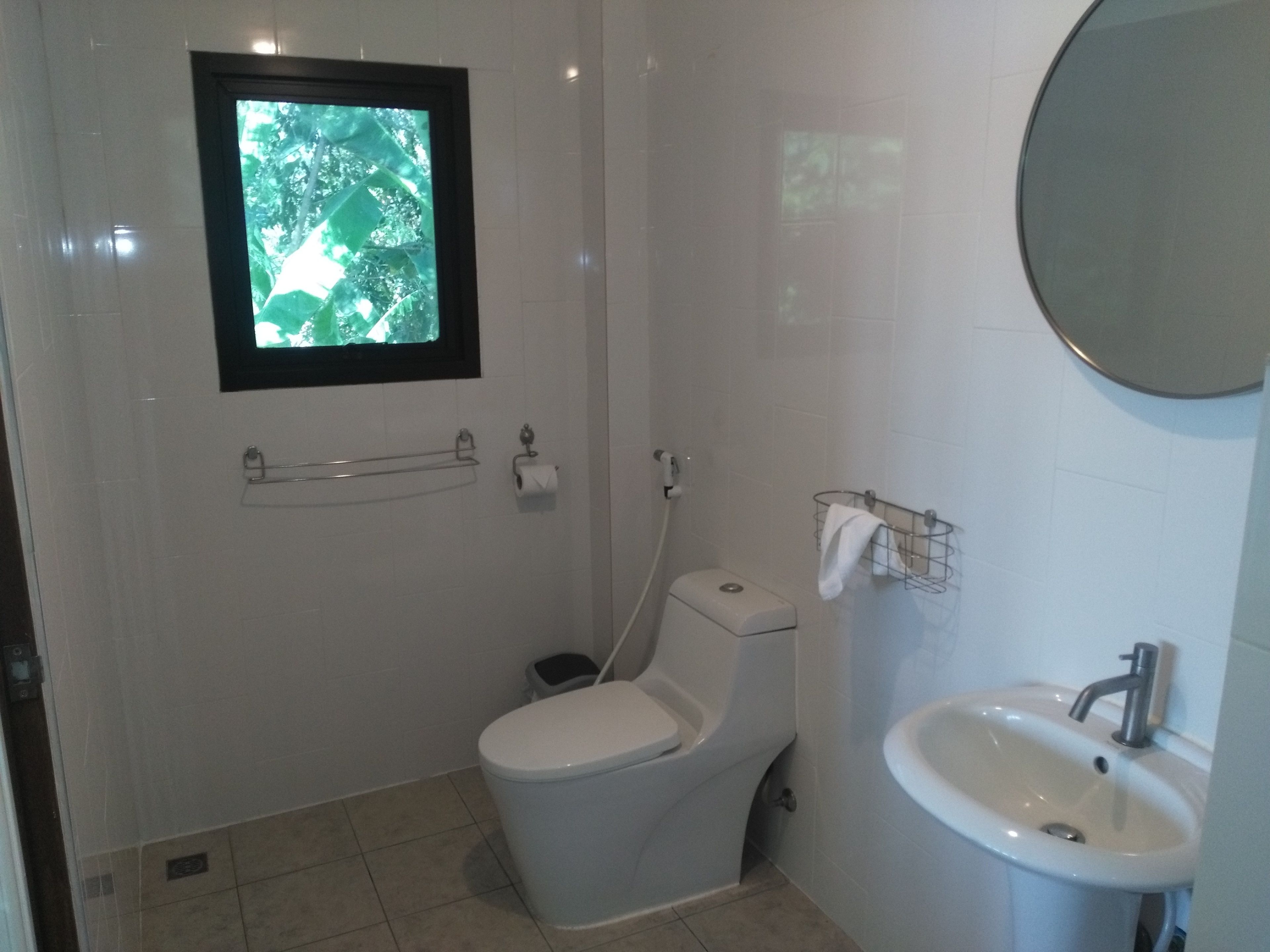 A bathroom with a toilet, sink, and a window with a view of greenery.
