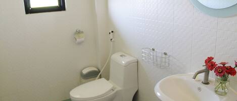 A bathroom with a toilet, sink, and a small window.