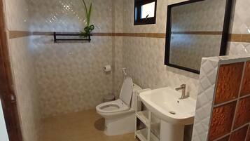 A bathroom with a toilet, sink, and a small mirror.