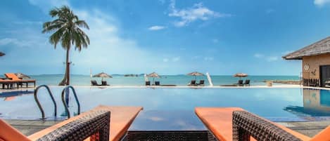 Outdoor pool, pool umbrellas, pool loungers