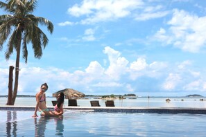 Outdoor pool, pool umbrellas, sun loungers
