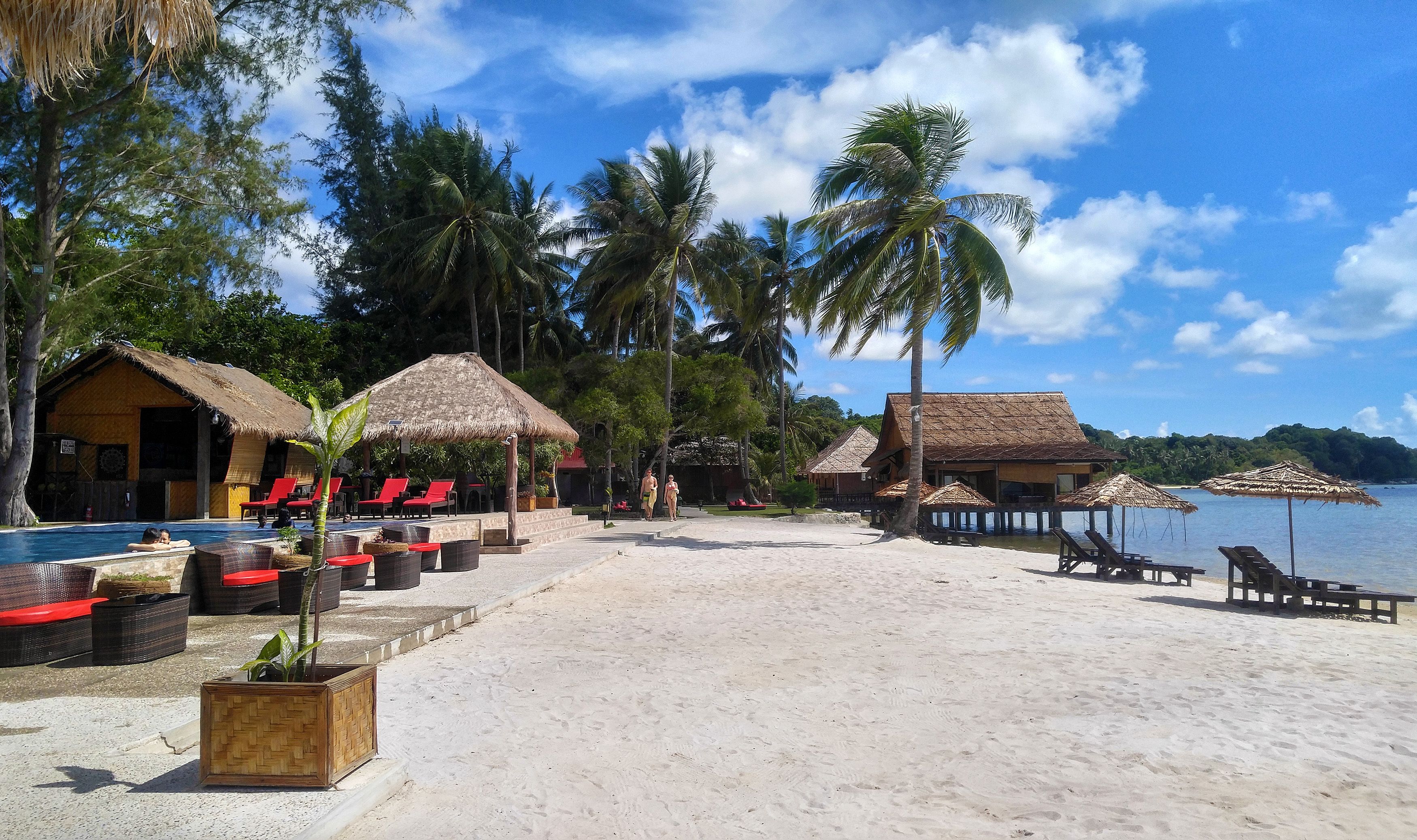 A beach resort with thatched-roof huts, lounge chairs, and a swimming pool.