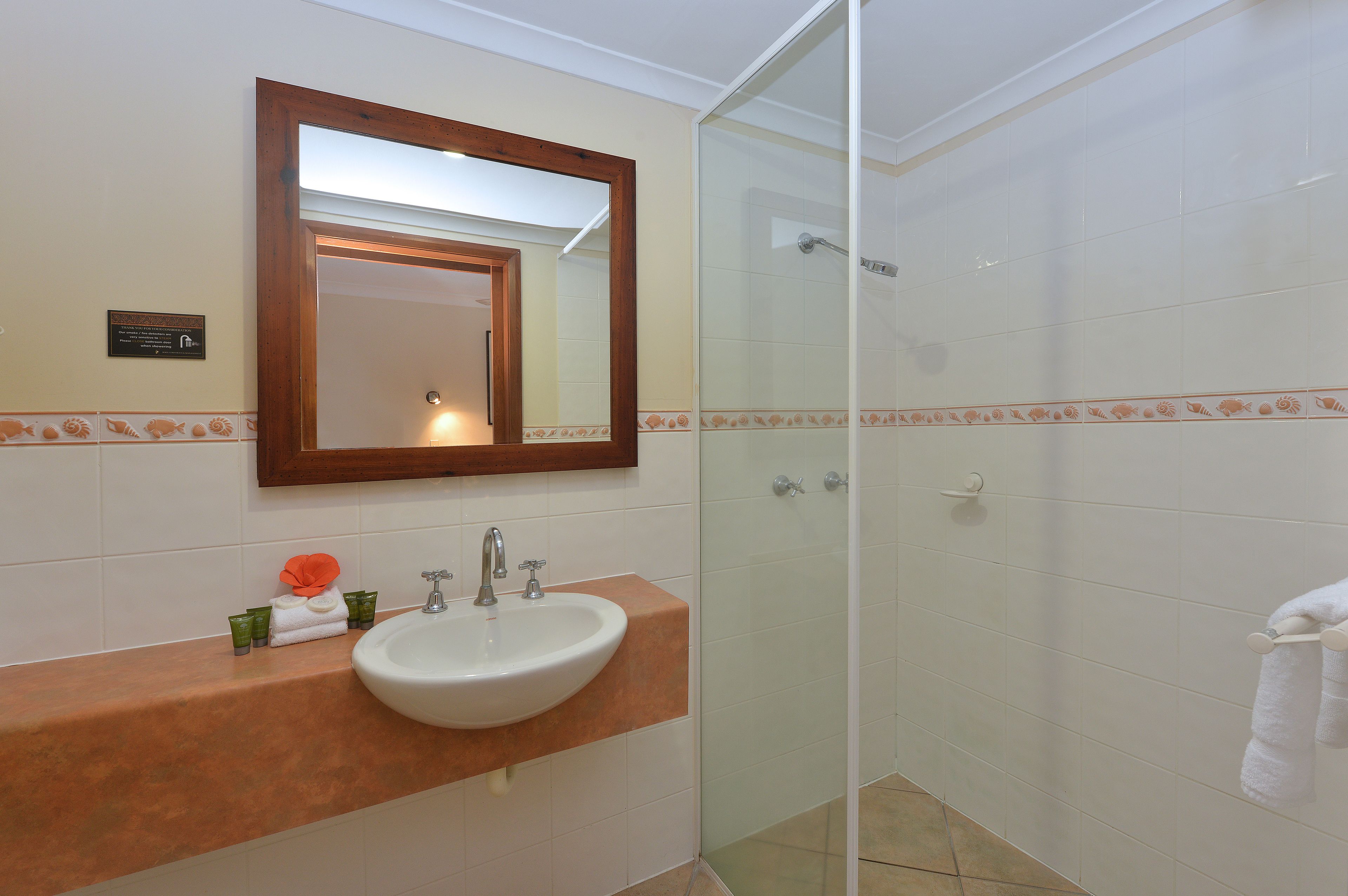 Un baño con lavamanos, espejo y ducha.