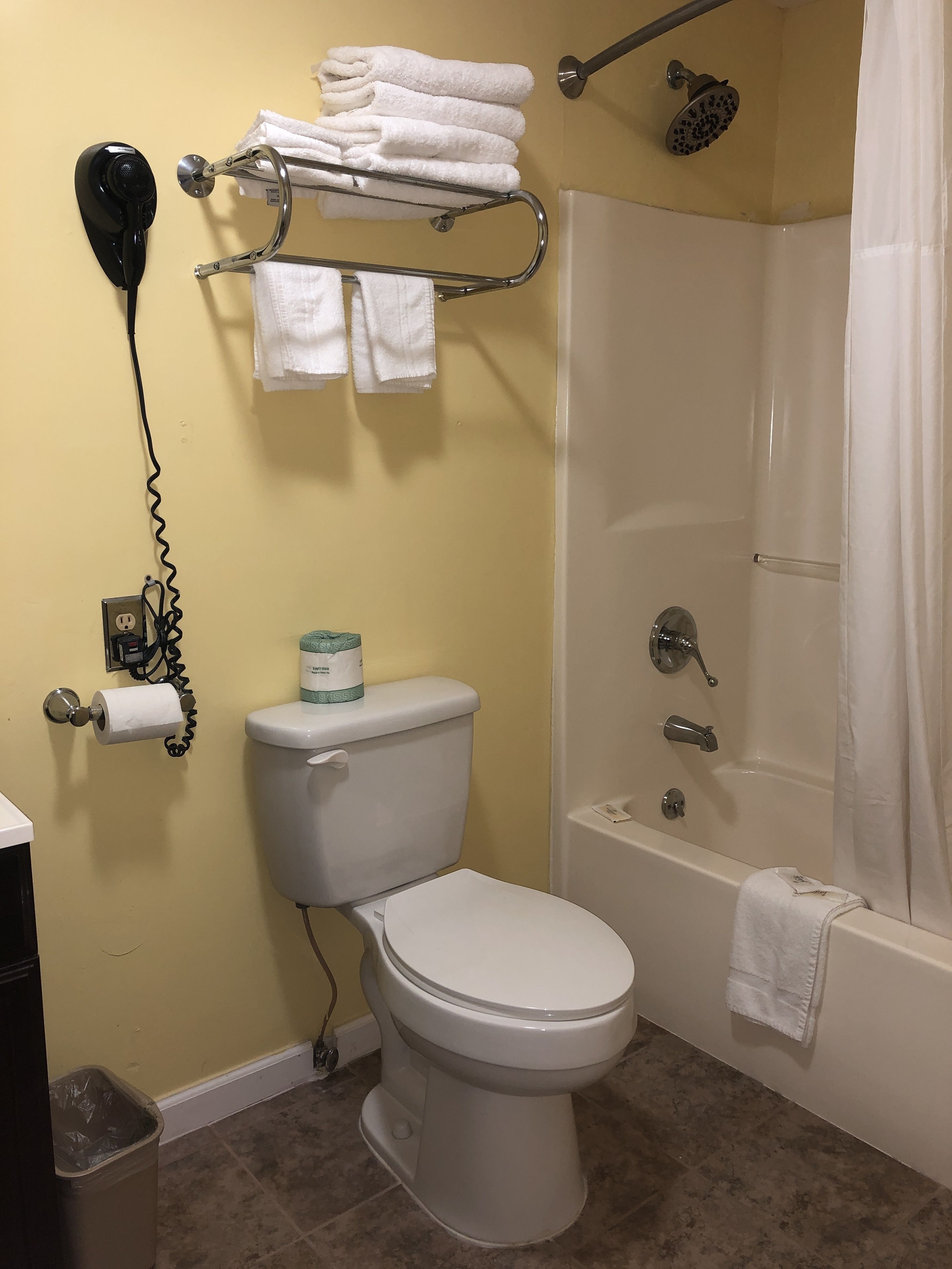 Un baño con inodoro, ducha y secador de pelo montado en la pared.