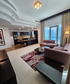 Apartment 1 Bedroom, Creek View | Private kitchen | Fridge, microwave, coffee/tea maker, electric kettle - Tulip Creek Hotel Apartments (Dubai)