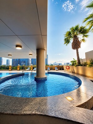 Outdoor pool, open 9 AM to 6 PM, sun loungers