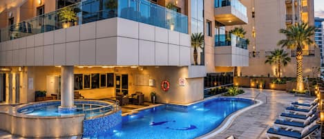 Outdoor pool, open 9 AM to 6 PM, sun loungers