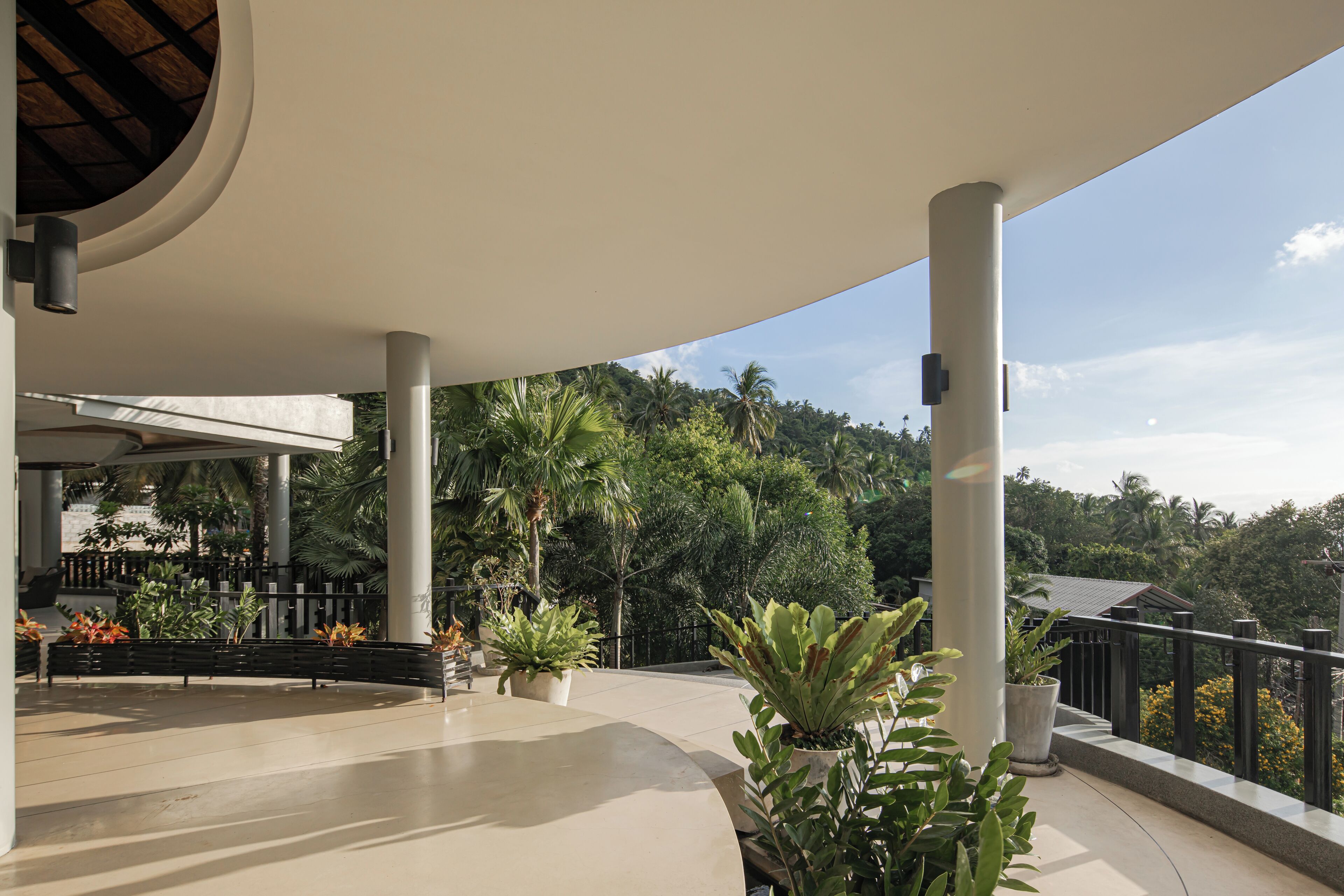 A covered outdoor area with a curved ceiling, potted plants, and a view of a forested hill.