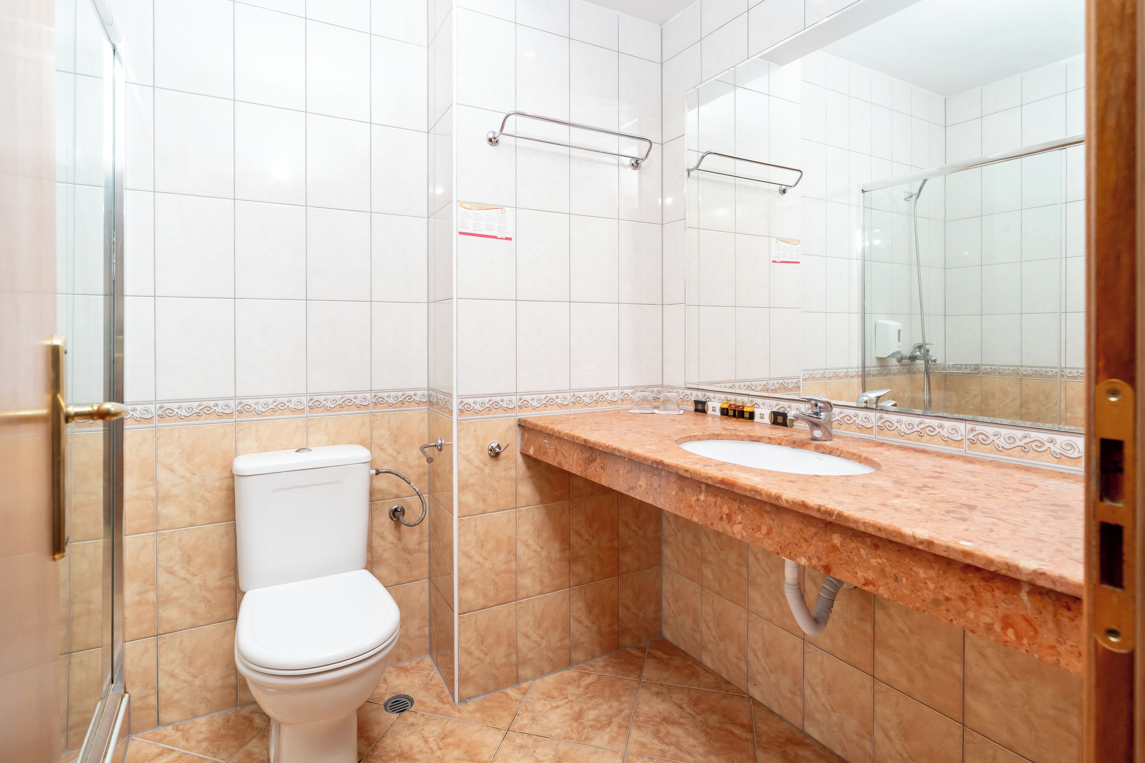 A bathroom with a white toilet, a sink with a mirror, and a shower area.