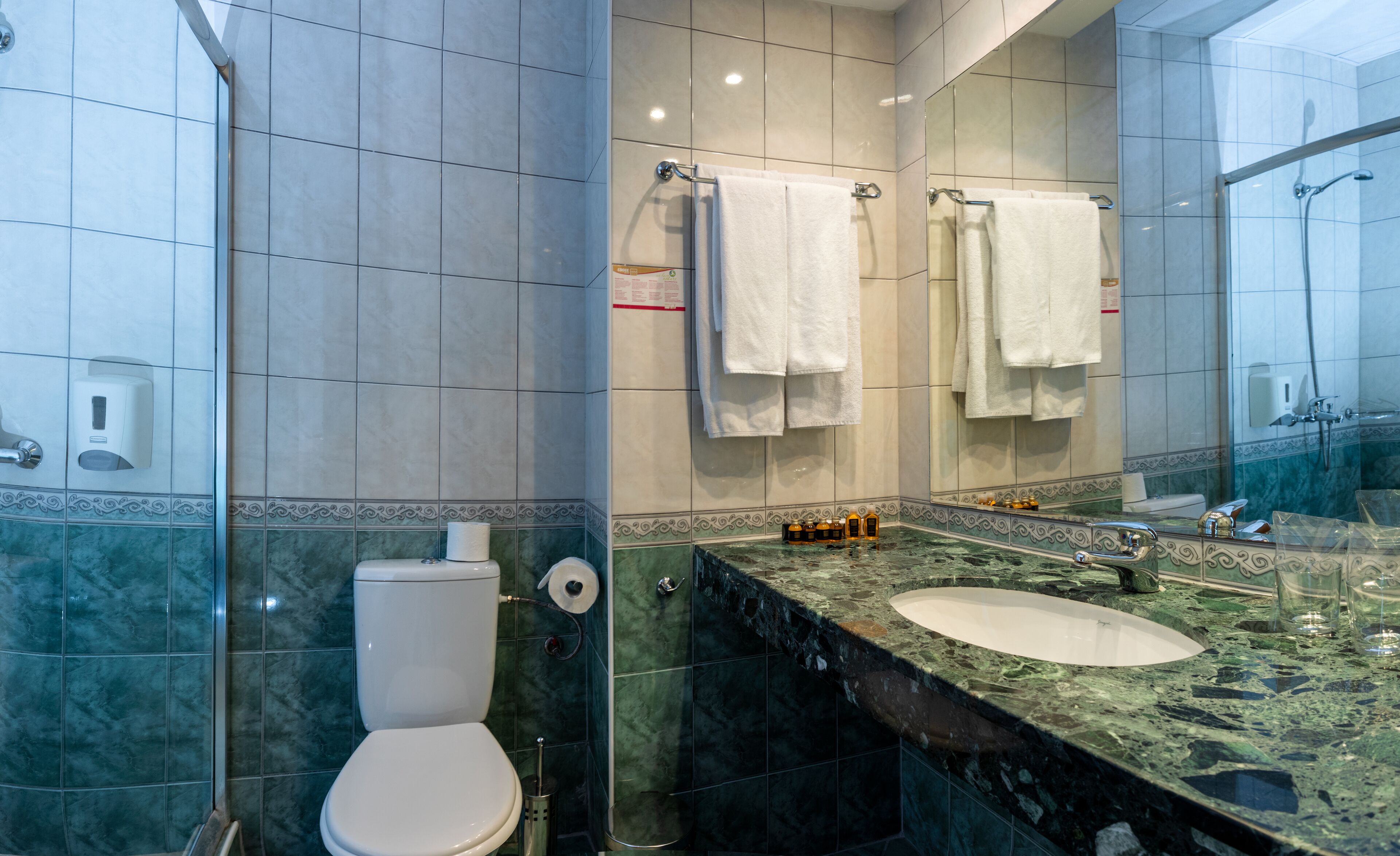 free toiletries, hair dryer, towels, soap