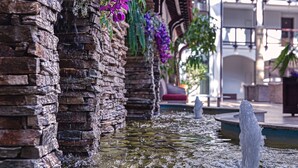 A stone wall with a water feature and hanging plants. - MPM Guinness (Bansko)