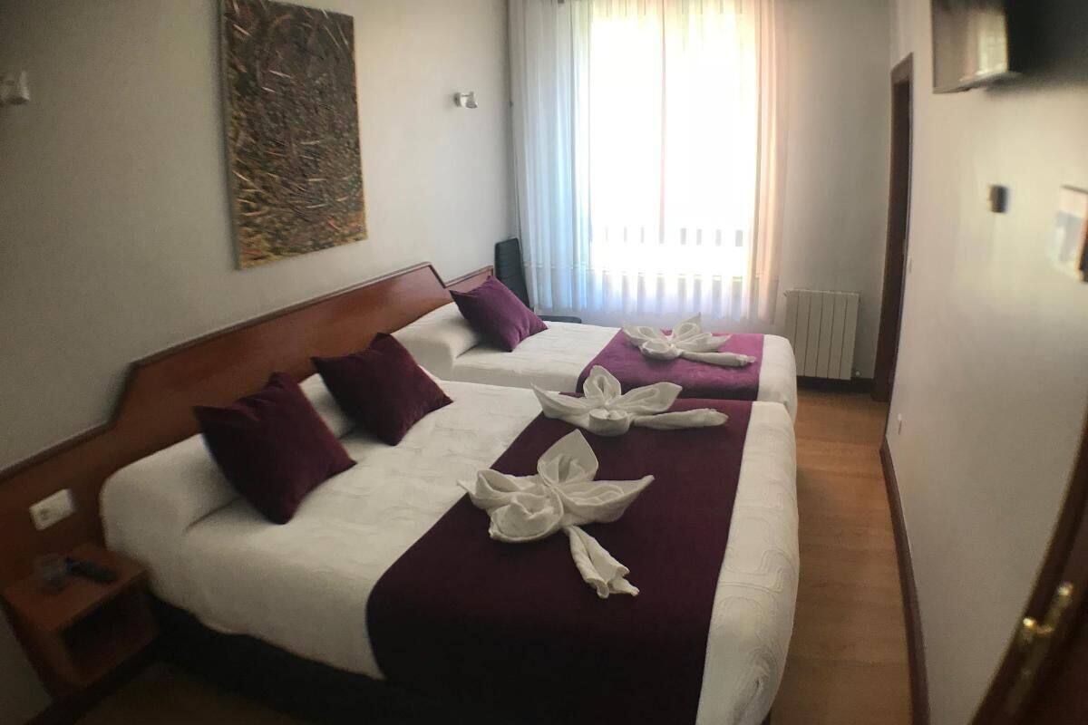 Une chambre d’hôtel avec deux lits, chacun agrémenté de draps blancs et d’oreillers violets. On y trouve une grande fenêtre avec des rideaux légers, un radiateur et un tableau accroché au mur.