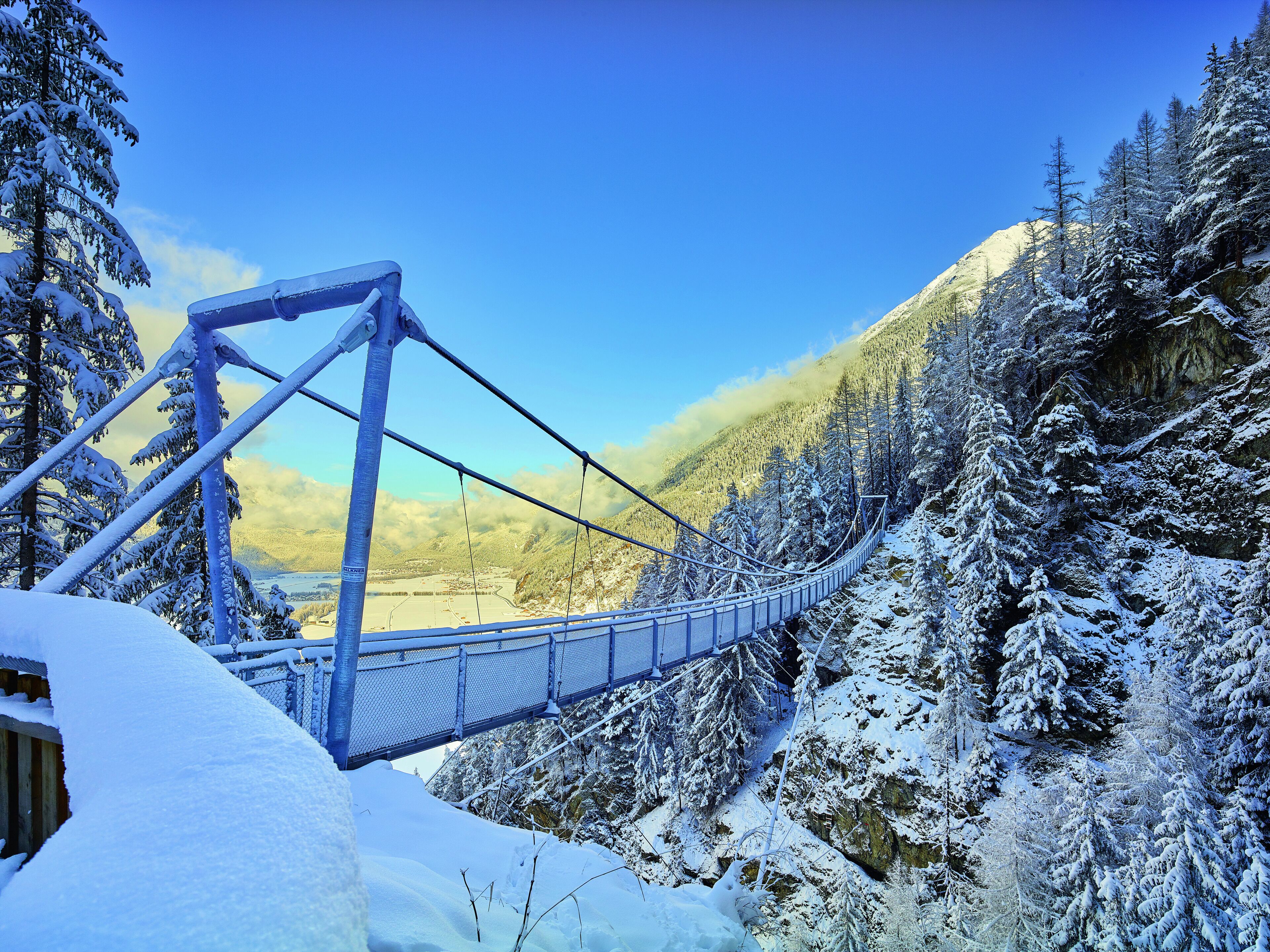 Un puente colgante en un bosque nevado con un cielo azul despejado.