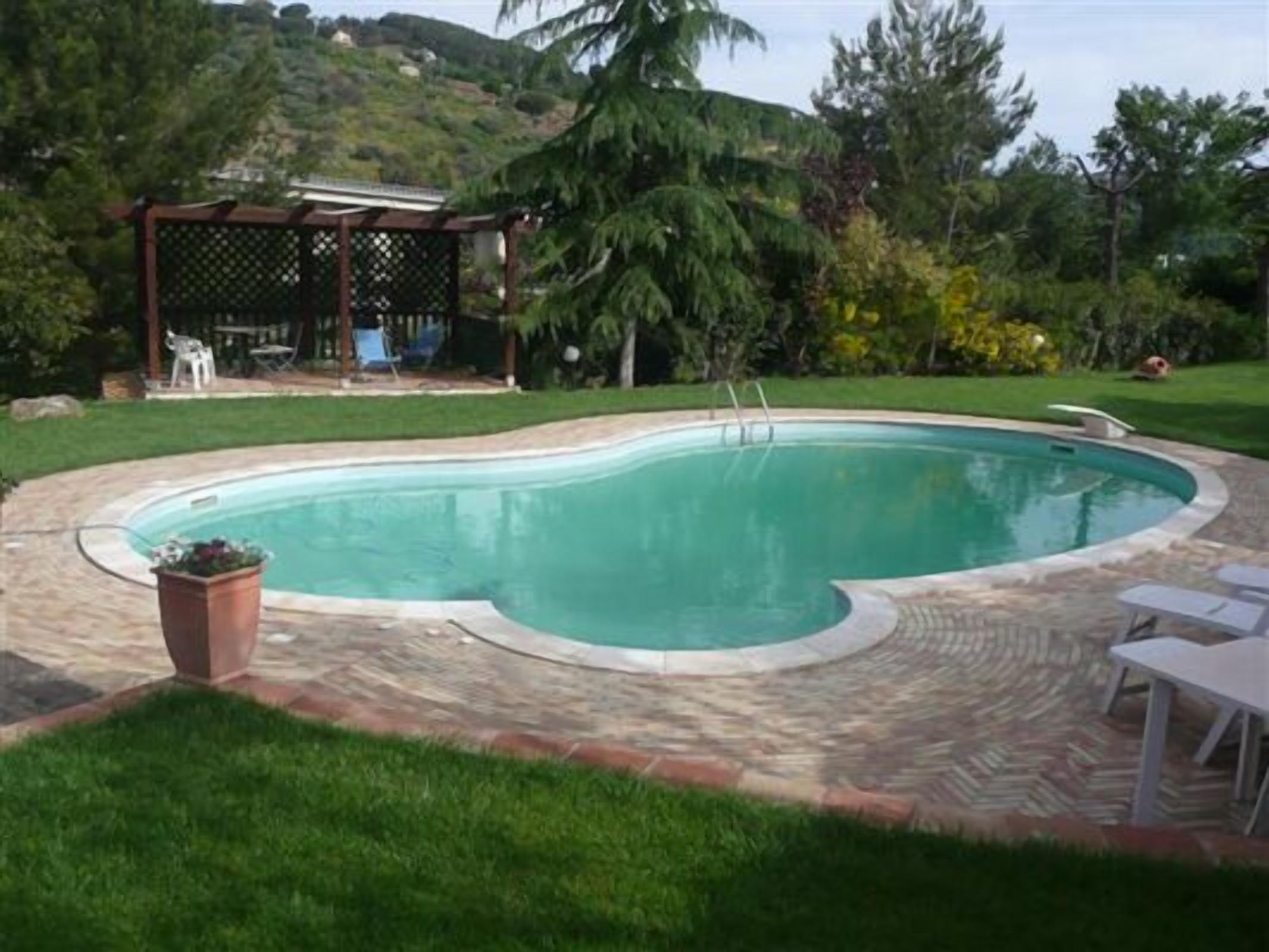 A rectangular swimming pool with a brick deck, surrounded by a grassy area and trees.