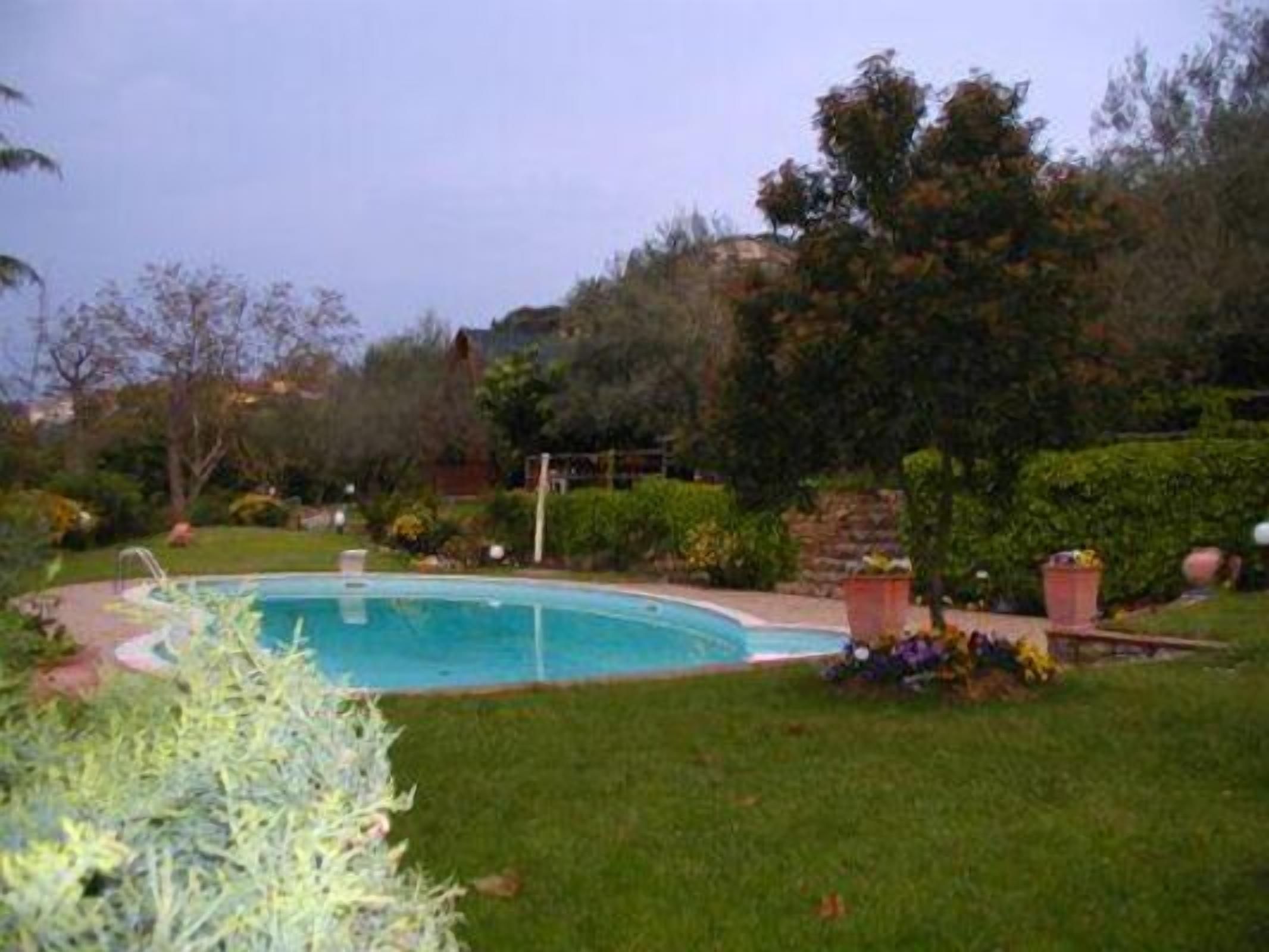 A swimming pool surrounded by a well-maintained lawn and various plants.