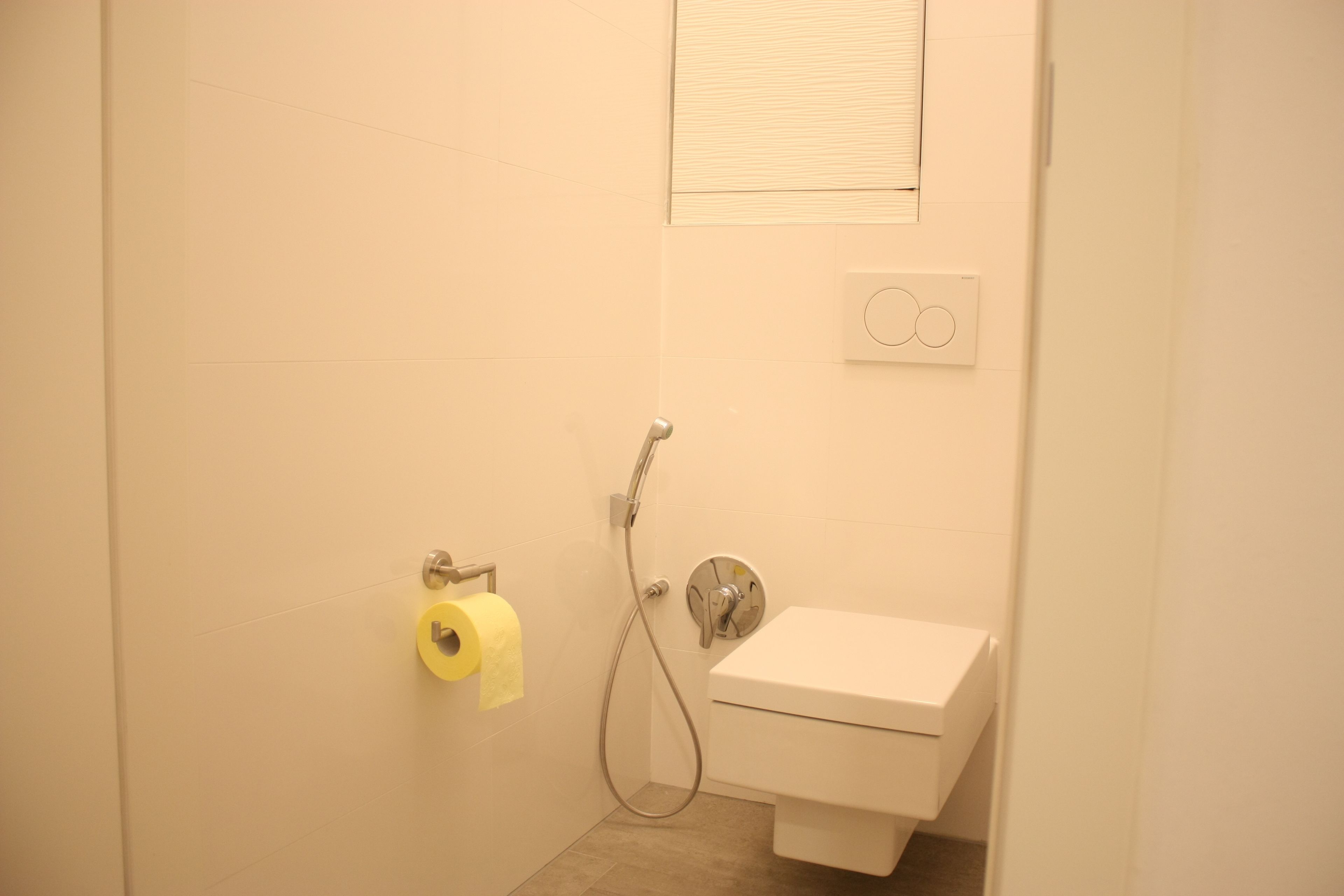 A small, clean bathroom with a toilet, a shower, and a toilet paper holder.