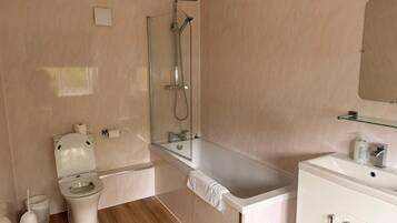 A modern bathroom with a toilet, shower, bathtub, and sink.