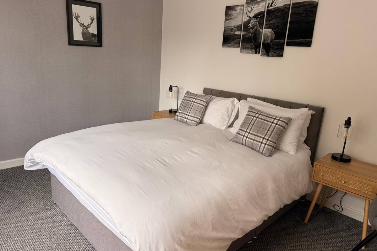 A neatly made bed with a grey headboard, a bedside table with a lamp, and a framed picture of a deer on the wall.
