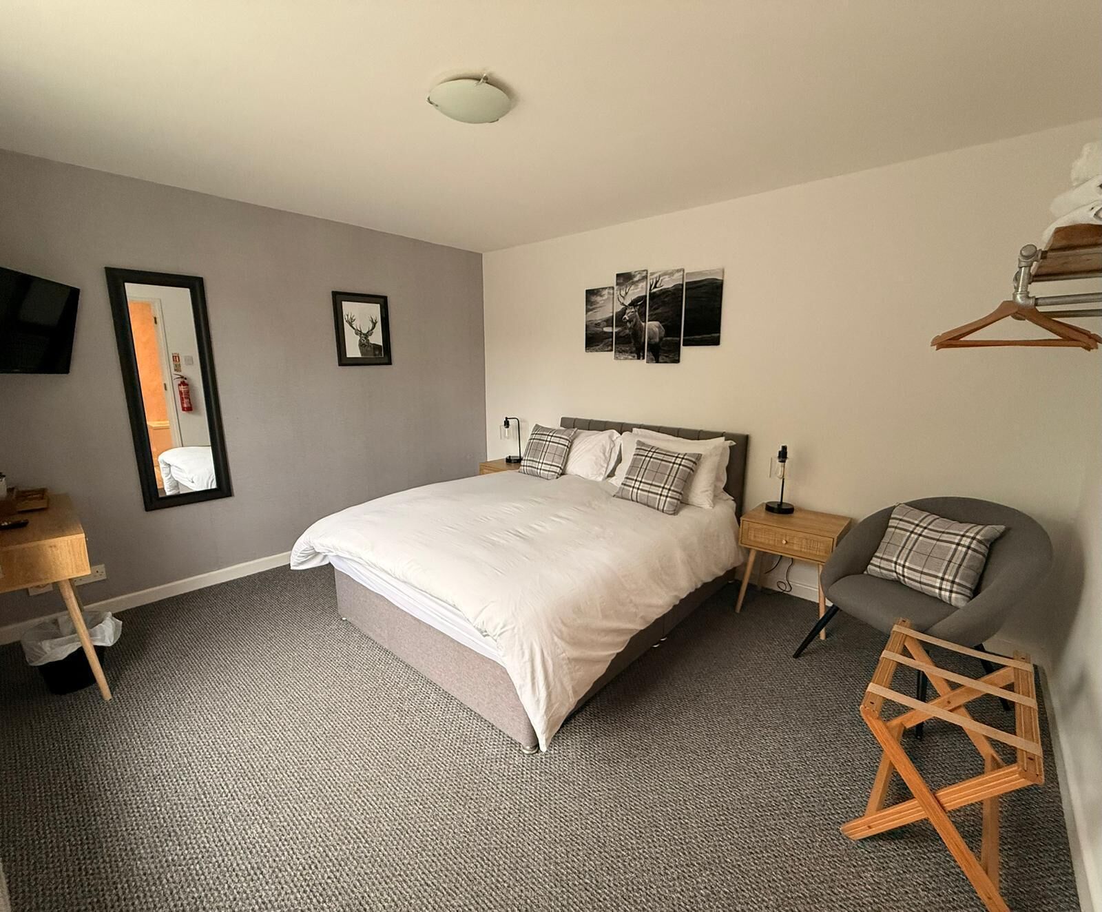 A bedroom with a large bed, a bedside table, a chair, and a wall-mounted TV.
