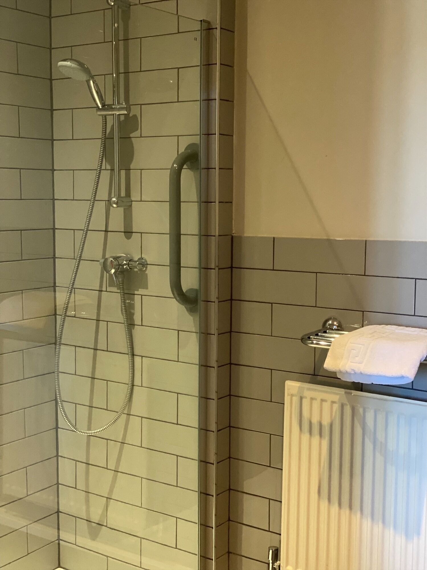 Een douche met een glazen deur, een handdouche en een handdoekrek met een handdoek.