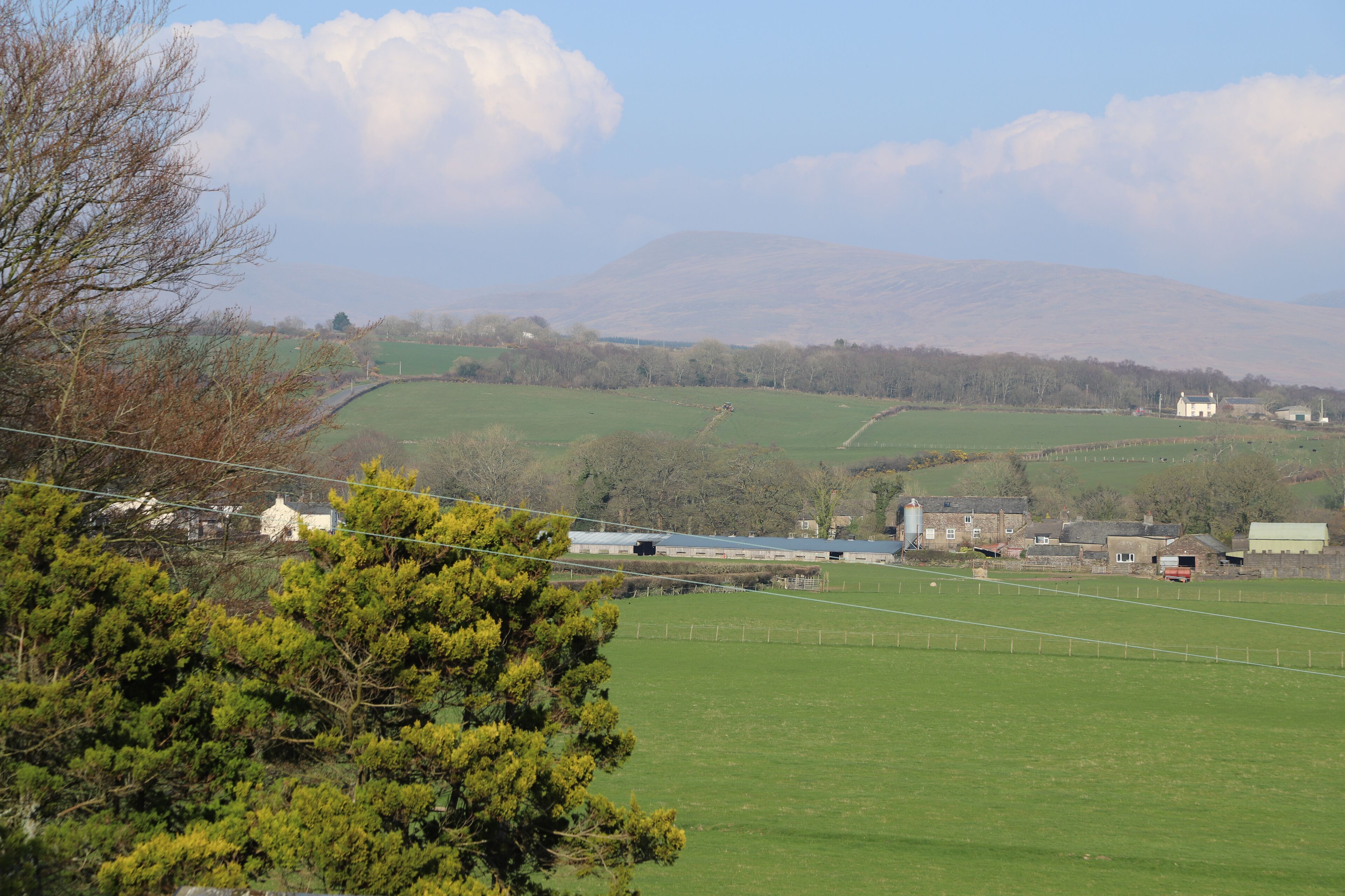 A rural landscape with a large green field, a stone wall, and a small building in the distance.