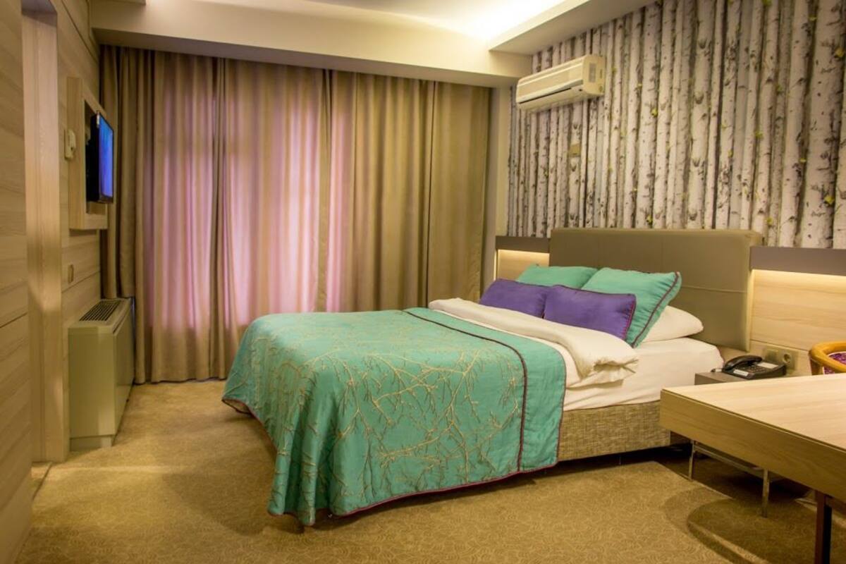 Una habitación de hotel con cama, escritorio, televisión y aire acondicionado instalado en la pared.