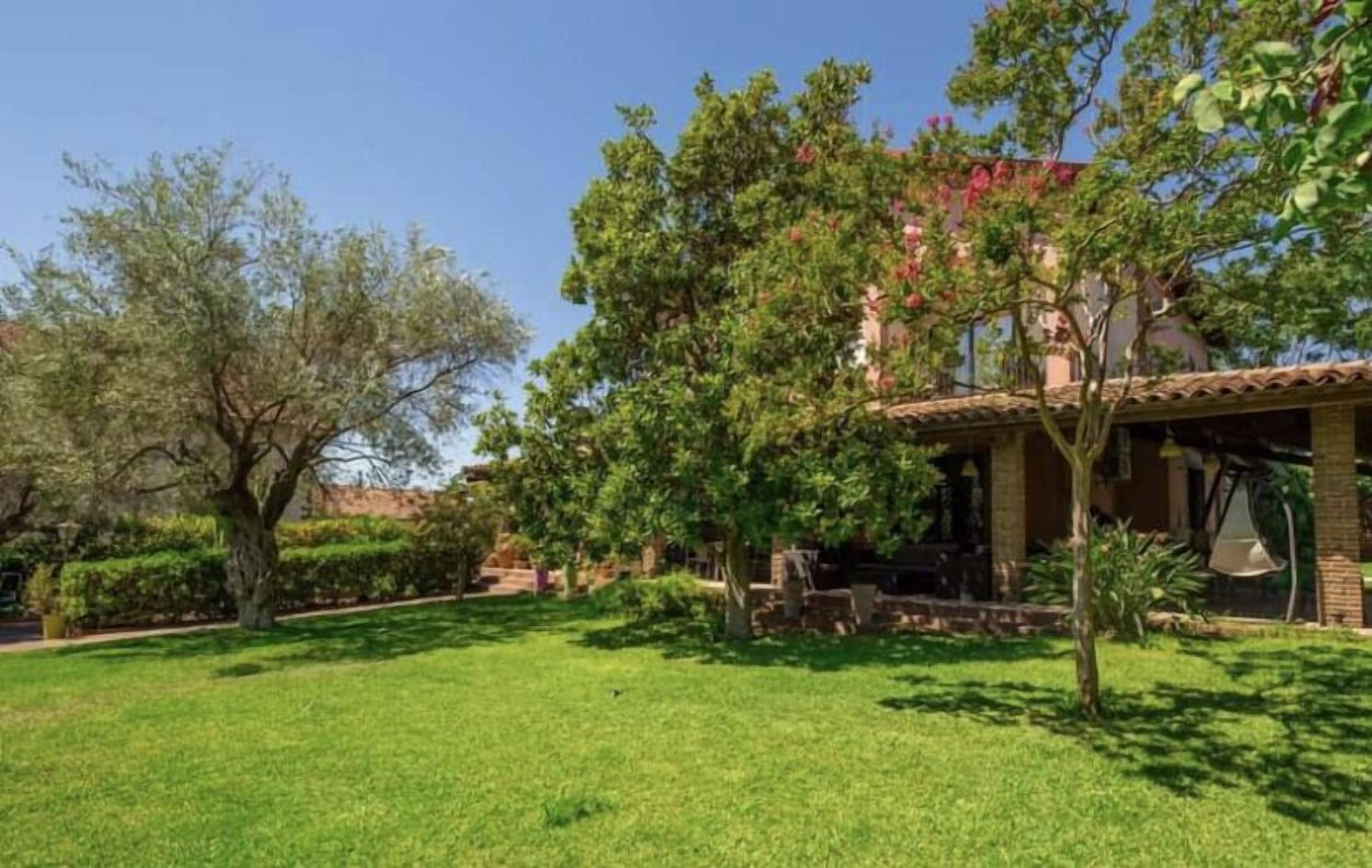 A well-maintained garden with a variety of trees and a patio area.