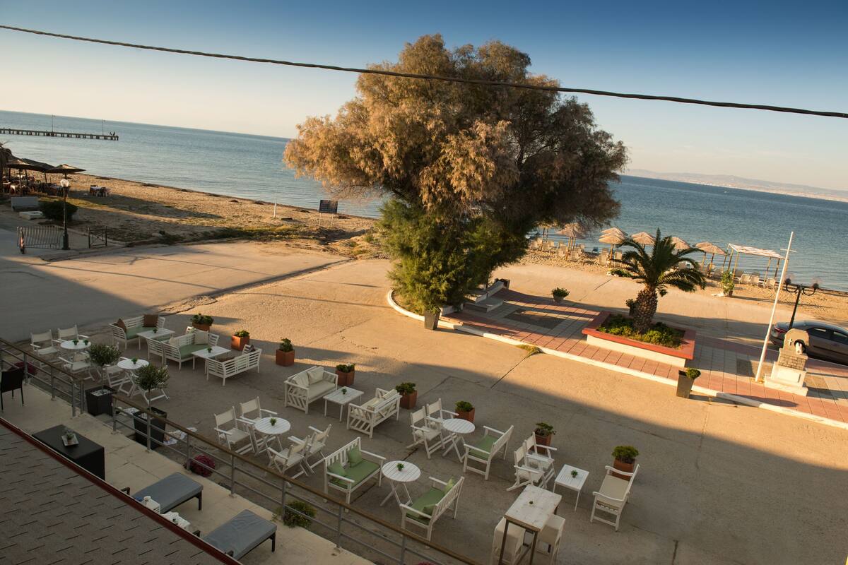 Ulkoterassi, jossa on pöytiä ja tuoleja, suuri puu sekä näkymä rannalle ja merelle.