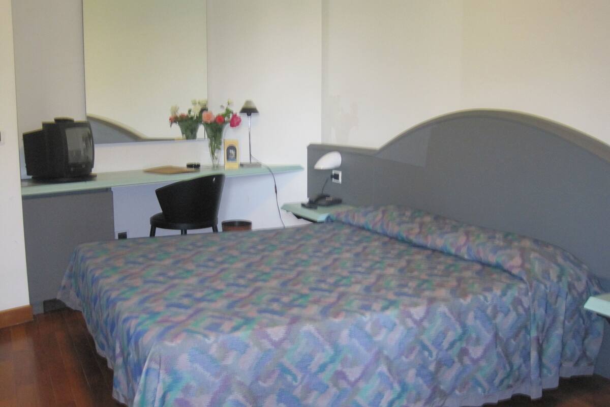 Un dormitorio con cama, escritorio, silla, televisor y un florero con flores.