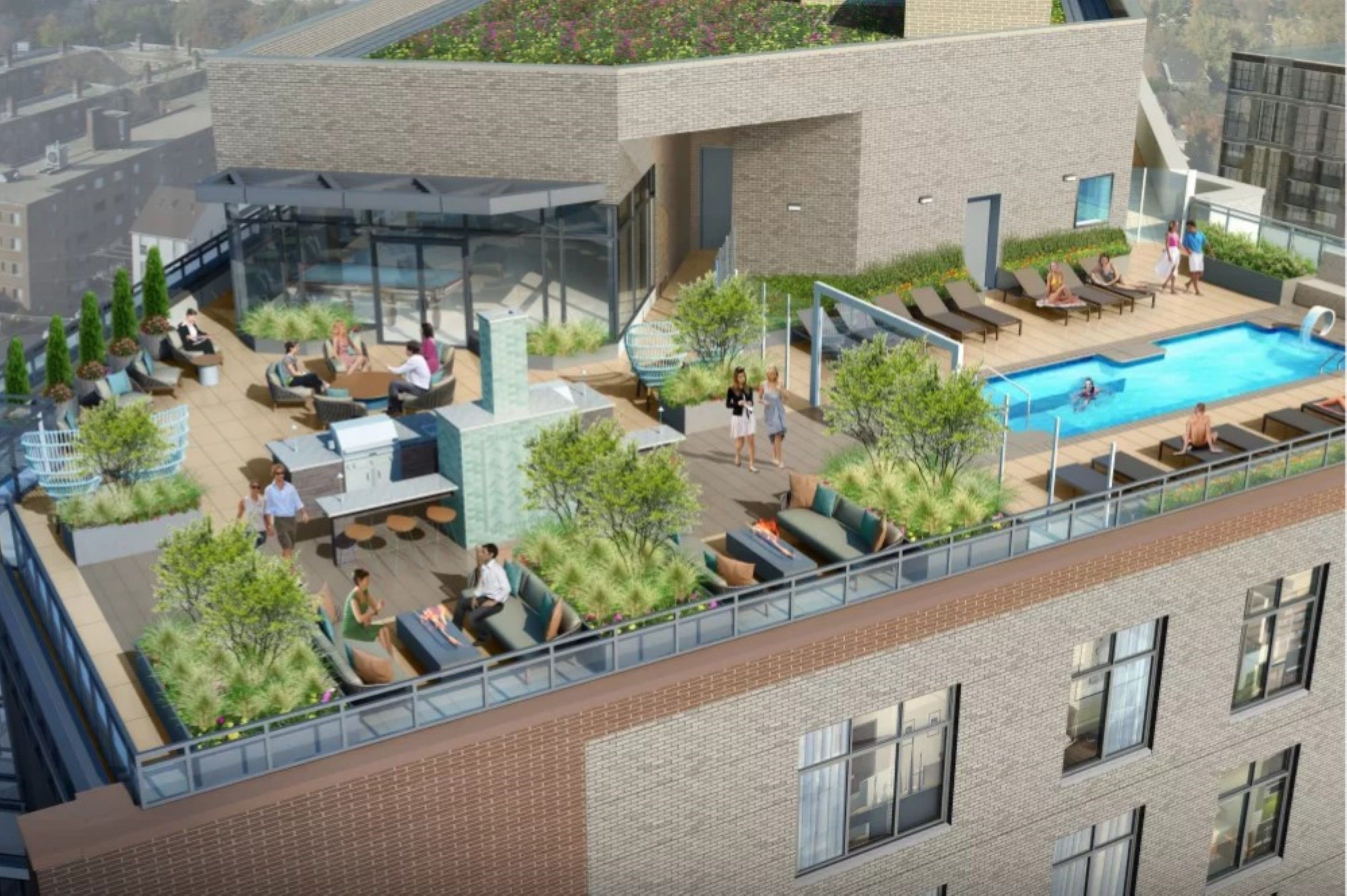 A rooftop terrace with outdoor seating, a swimming pool, and greenery.