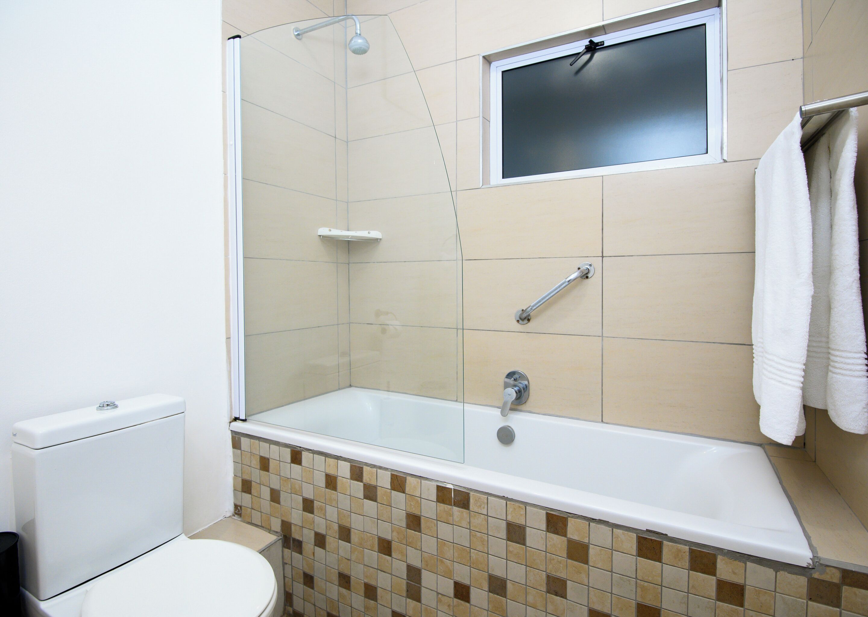 A bathroom with a shower, toilet, and a window.