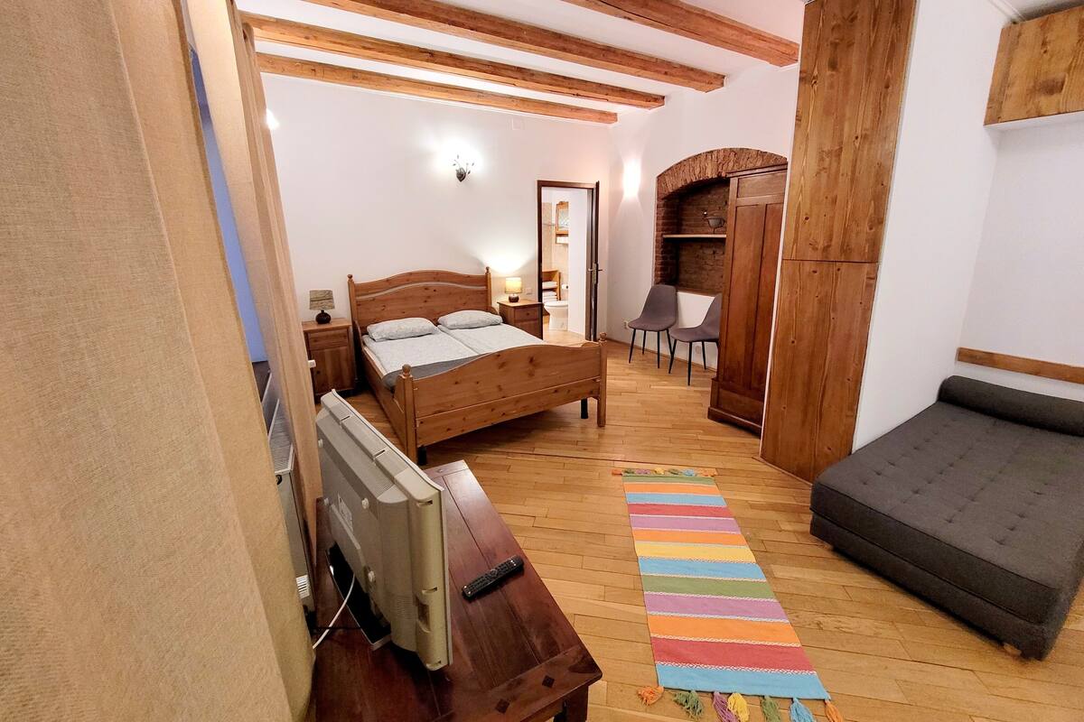 A bedroom with a wooden bed, a TV, a desk, a chair, a sofa, and a colorful rug.