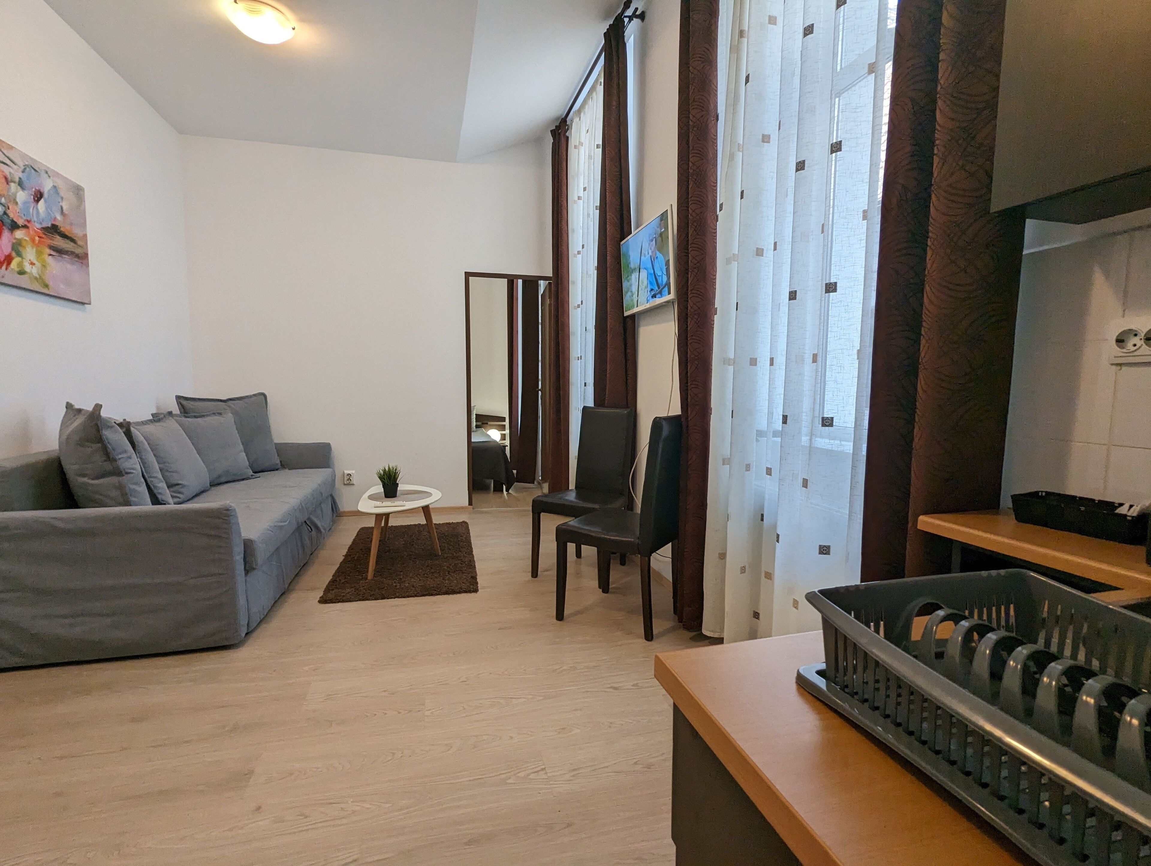 A modern living room with a grey sofa, a small round table with a plant, a black armchair, and a TV on a stand.